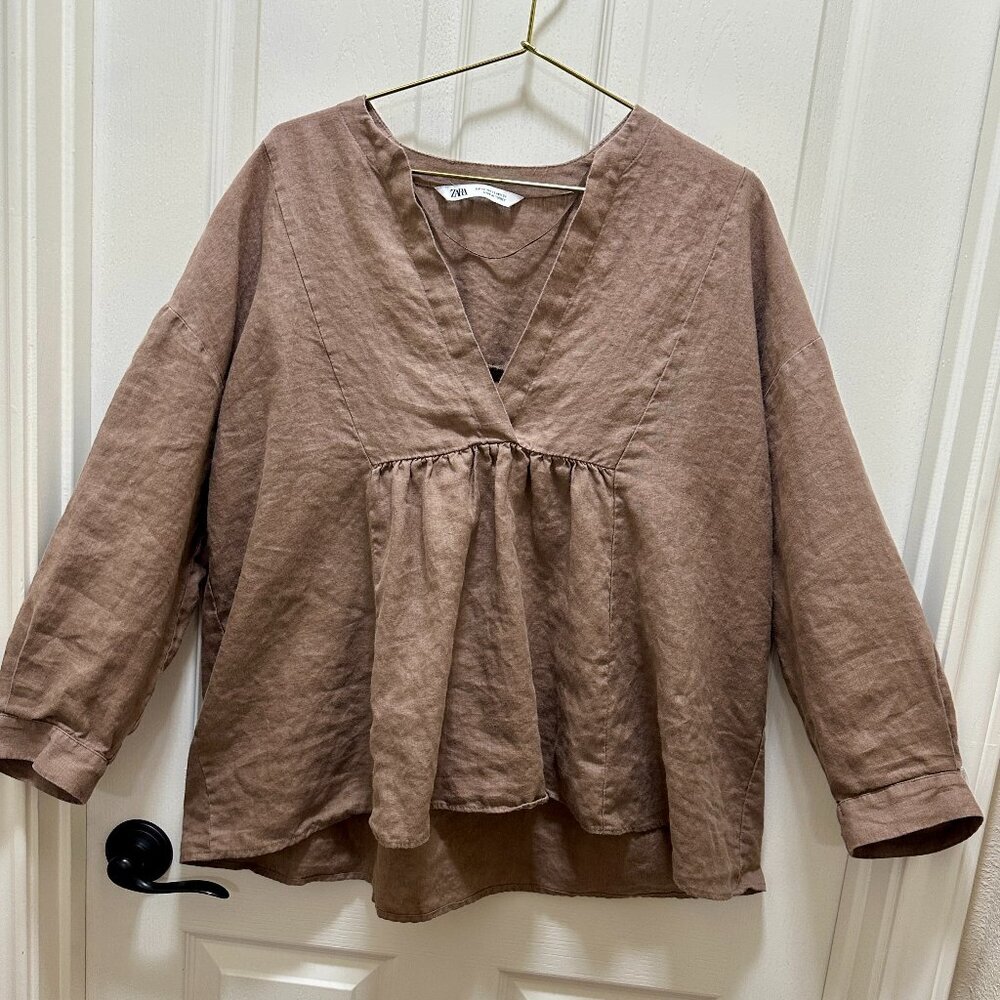 Zara Women's 100% Linen Oversized Tunic Top Size XS Brown Boho Feminine Gypsy